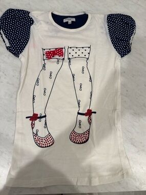 Dolce & Gabbana White Tee with Navy Polka Puff Sleeves and Red Bow Accents